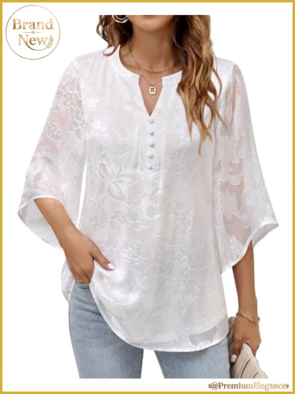 Flowy 3/4 Sleeve V-Neck Floral Blouse Layered High-Low Hem